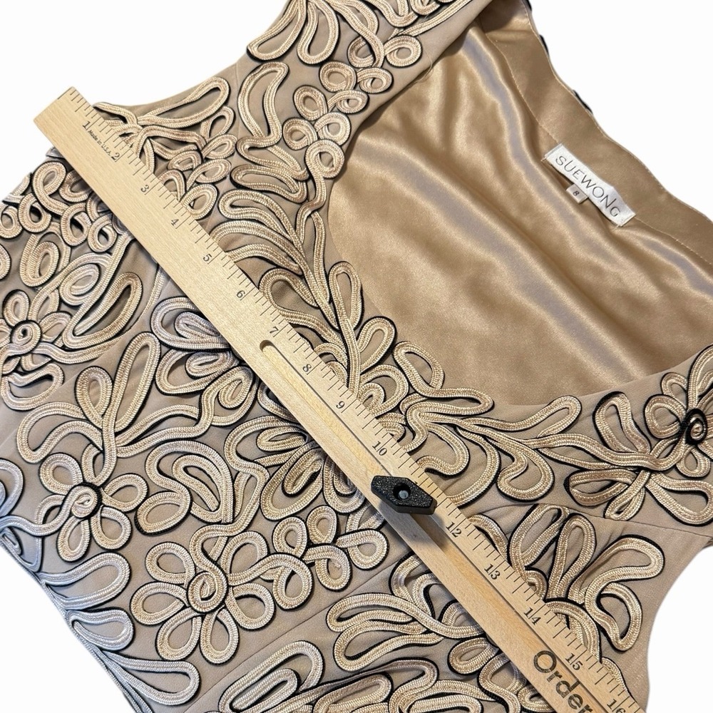 Sue Wong Embroidered Cocktail‎ Dress Size 8 Gold Floral Lace Sheath Elegant - Picture 6 of 7